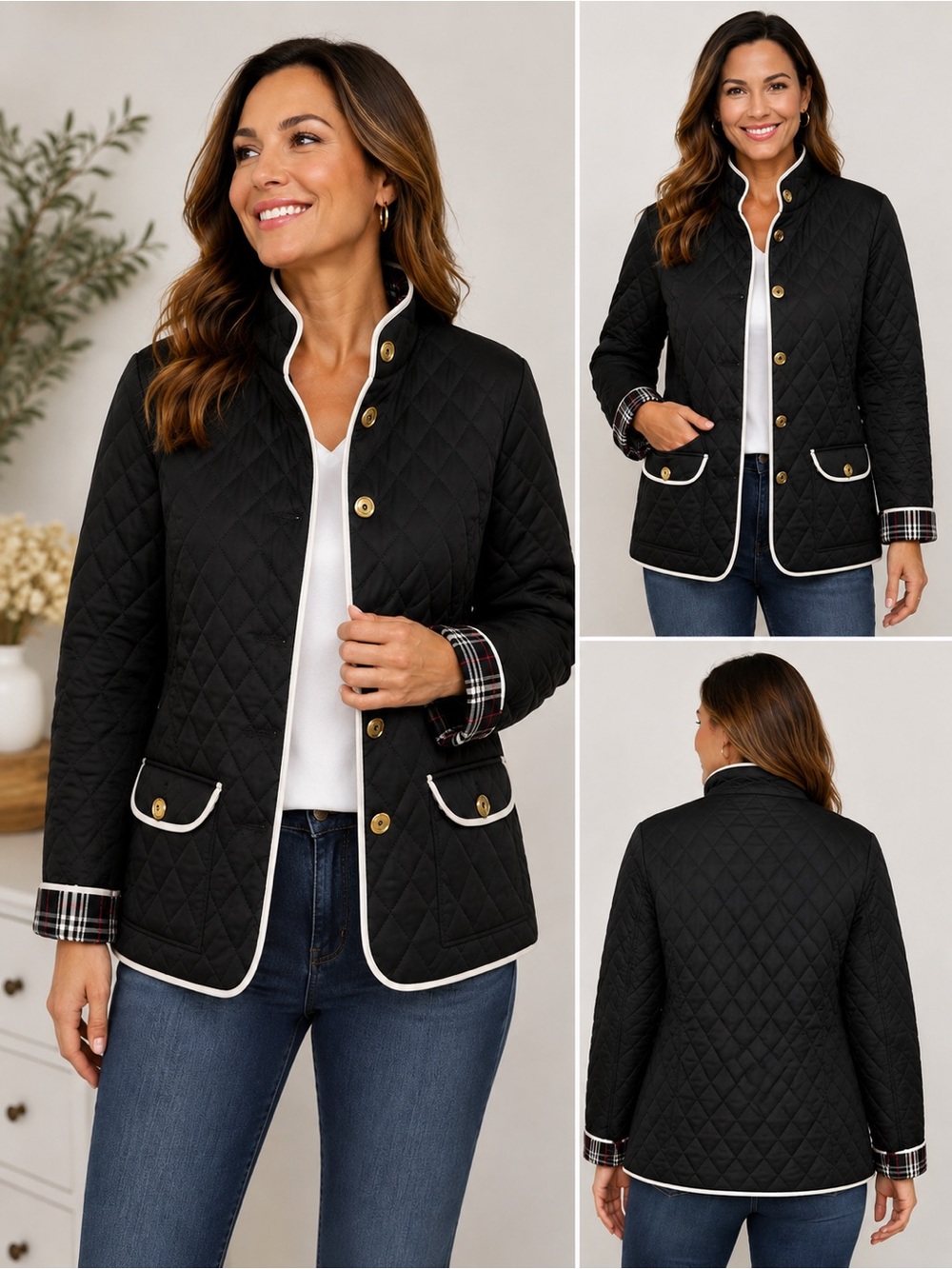 Charter Club Diamond Quilted Barn Jacket Black Plaid Lined Gold Buttons XL